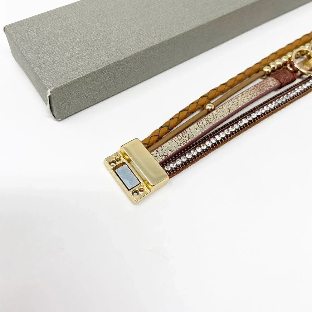 BTYSUN | Brown Leather Gold Tone Beaded Wrap Bracelet Magnetic Closure